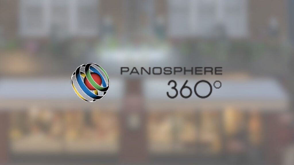 A blurred background with a colorful globe logo and the text "PANOSPHIRE 360°" prominently displayed in the center.